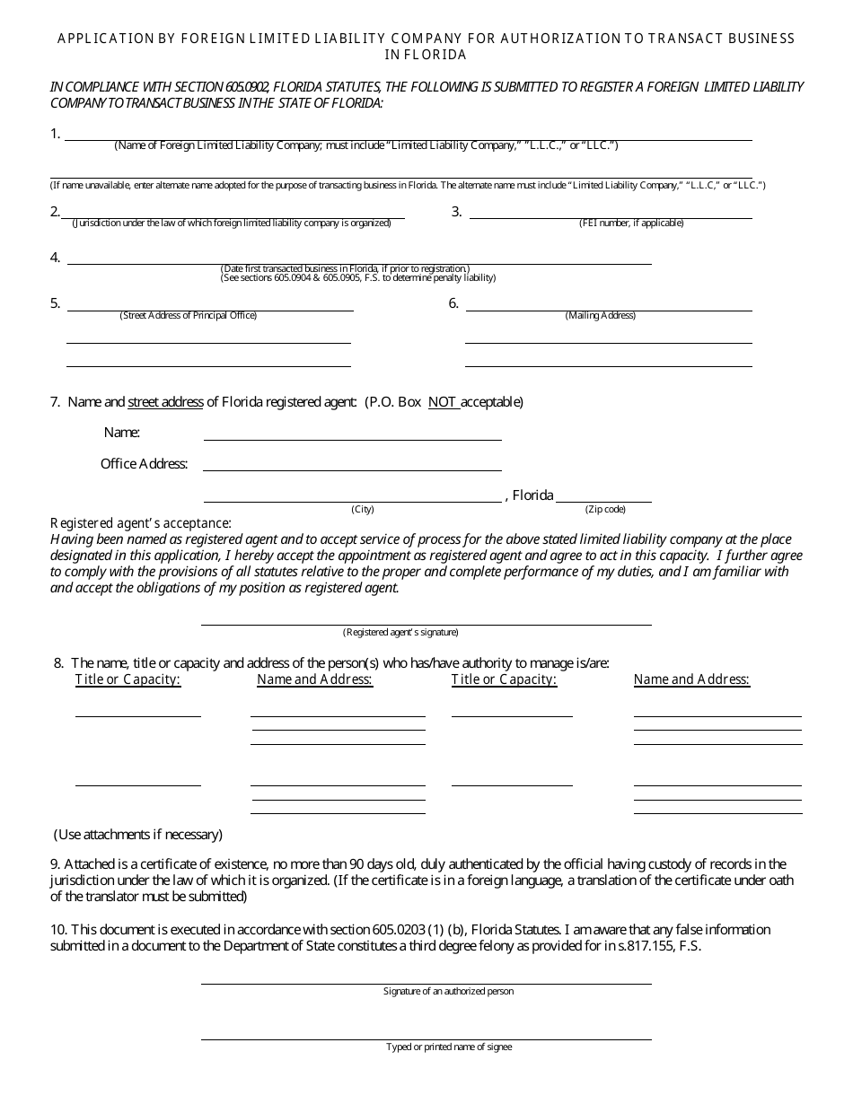 Form CR2E027 Application by Foreign Limited Liability Company for Authorization to Transact Business in Florida - Florida, Page 3