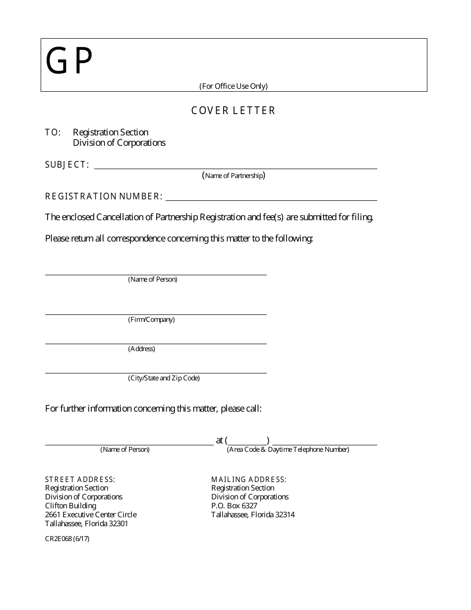 Form CR2E068 Cancellation of Partnership Registration - Florida, Page 1