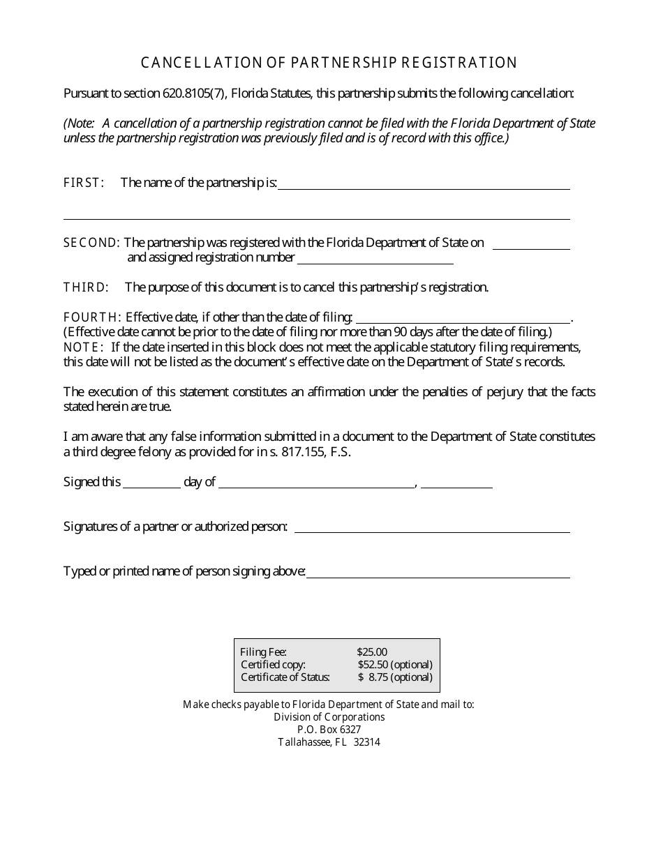 Form CR2E068 Cancellation of Partnership Registration - Florida, Page 2