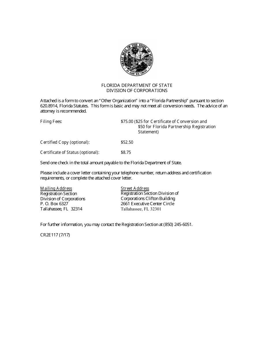 Form CR2E117 Certificate of Conversion - Other Organization Into Florida Partnership - Florida, Page 1