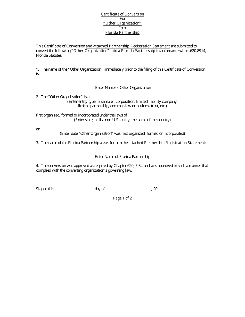 Form CR2E117 Certificate of Conversion - Other Organization Into Florida Partnership - Florida, Page 3