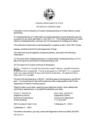 Form INHS44 &quot;Certificate of Dissolution for Florida Limited Partnership or Limited Liability Limited Partnership&quot; - Florida