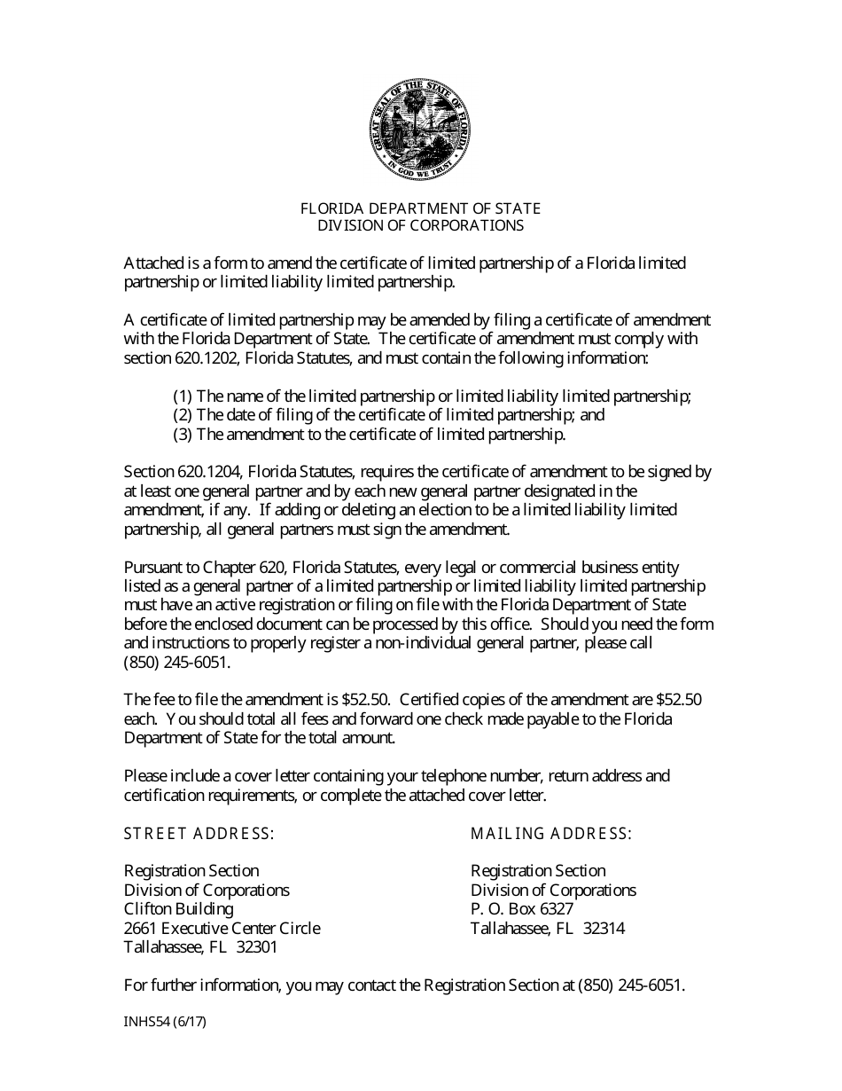 Form INHS54 Certificate of Amendment to Certificate of Limited Partnership - Florida, Page 1