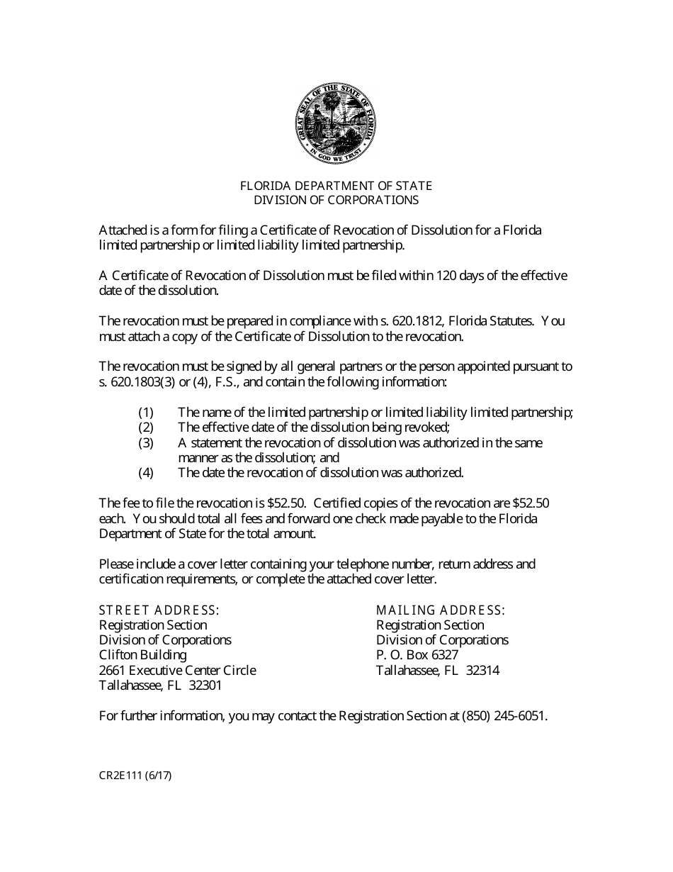 Form CR2E111 Certificate of Revocation of Dissolution - Florida, Page 1