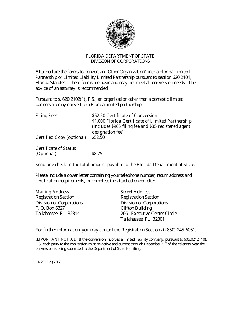 Form CR2E112 Certificate of Conversion for Other Business Organization Into Florida Limited Partnership or Limited Liability Limited Partnership - Florida, Page 1