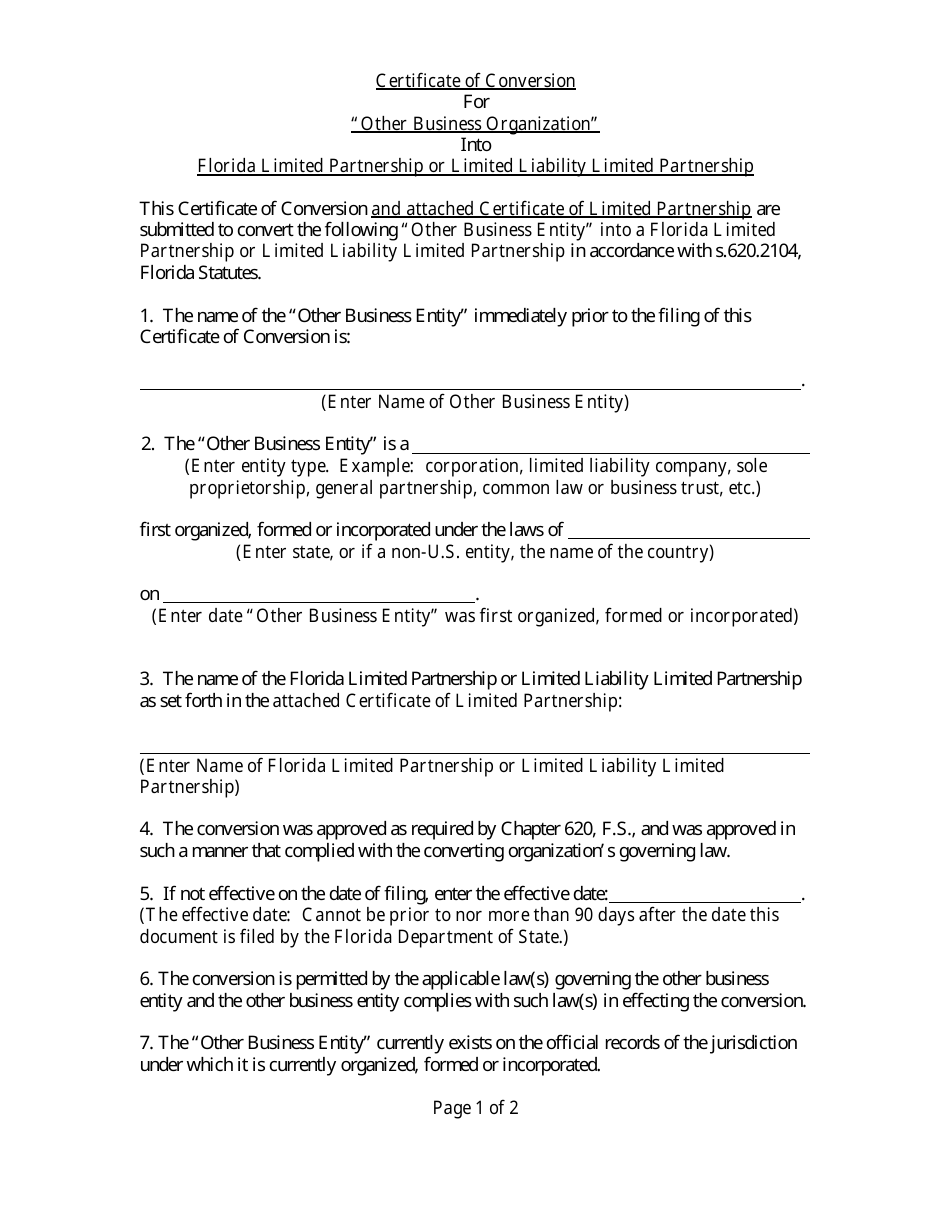 Form CR2E112 Certificate of Conversion for Other Business Organization Into Florida Limited Partnership or Limited Liability Limited Partnership - Florida, Page 3