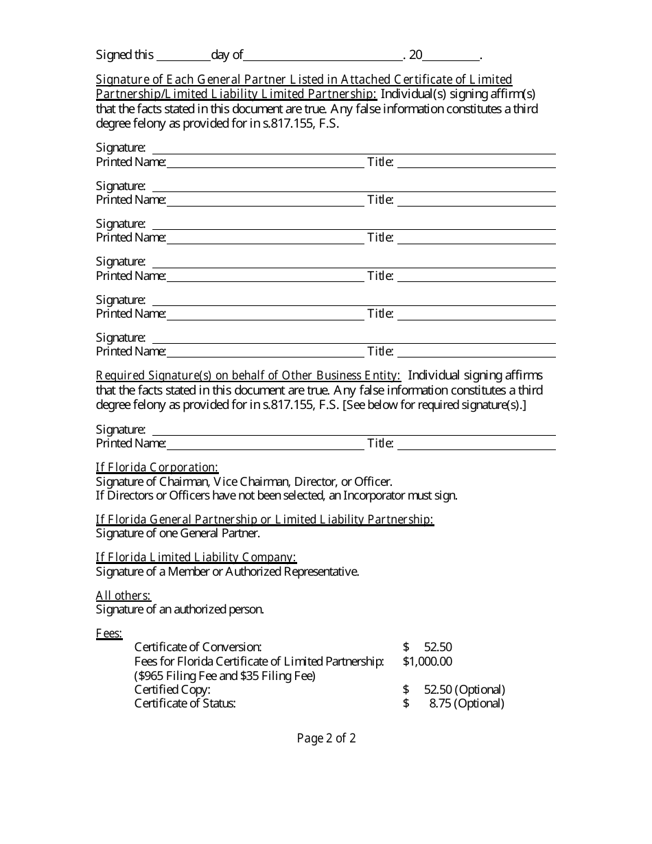 Form CR2E112 Certificate of Conversion for Other Business Organization Into Florida Limited Partnership or Limited Liability Limited Partnership - Florida, Page 4