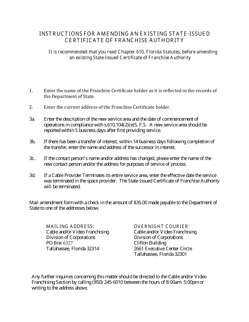 Form CF04 Application to Amend a State-Issued Certificate of Franchise Authority for Cable and / or Video Service - Florida, Page 1
