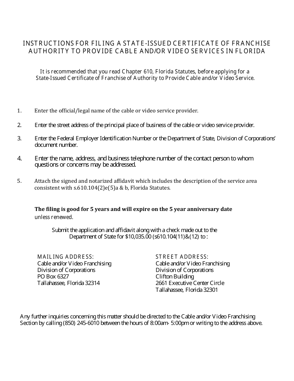 Form CF10 Application for a State-Issued Certificate of Franchise Authority to Provide Cable and / or Video Service - Florida, Page 1