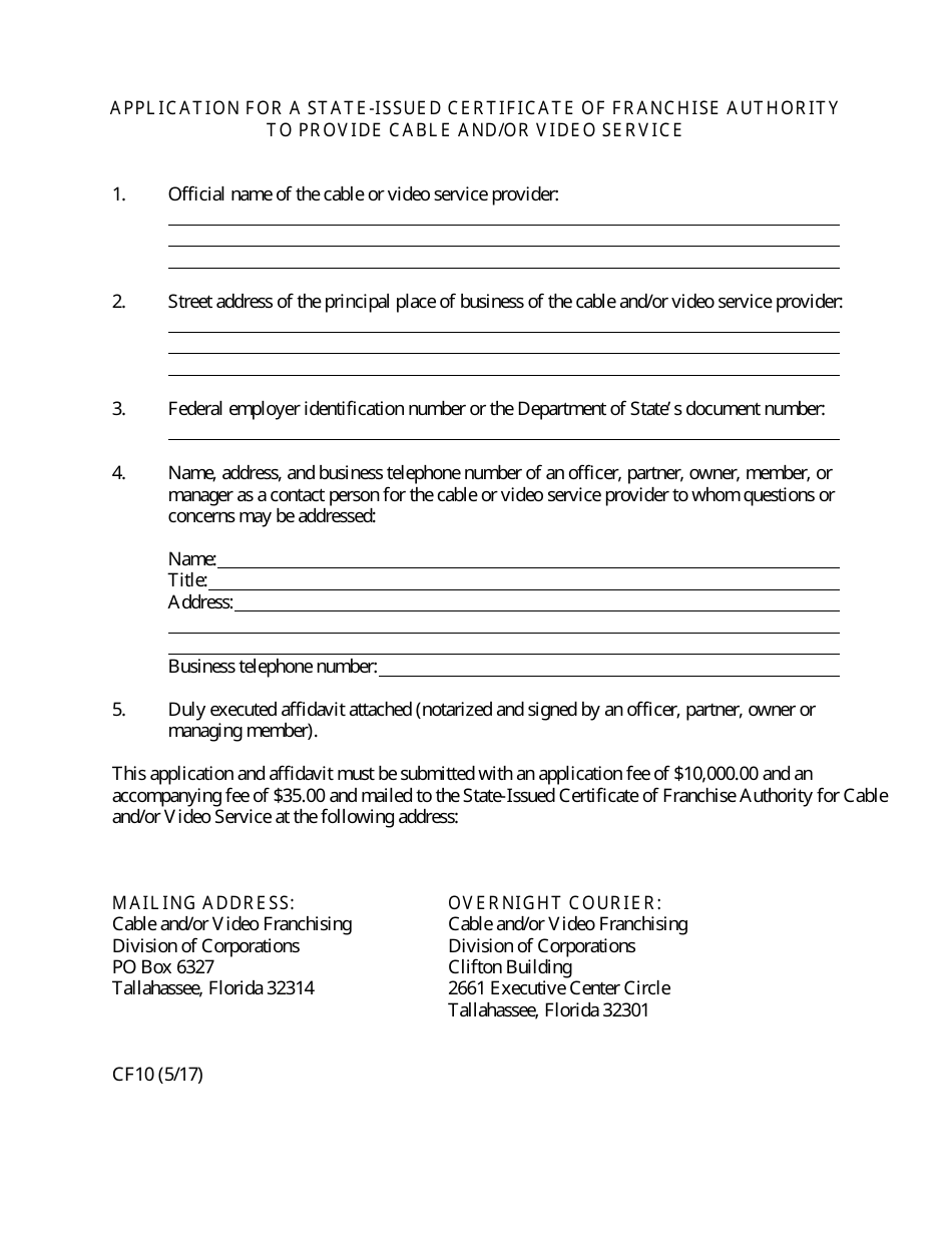 Form CF10 Application for a State-Issued Certificate of Franchise Authority to Provide Cable and / or Video Service - Florida, Page 2
