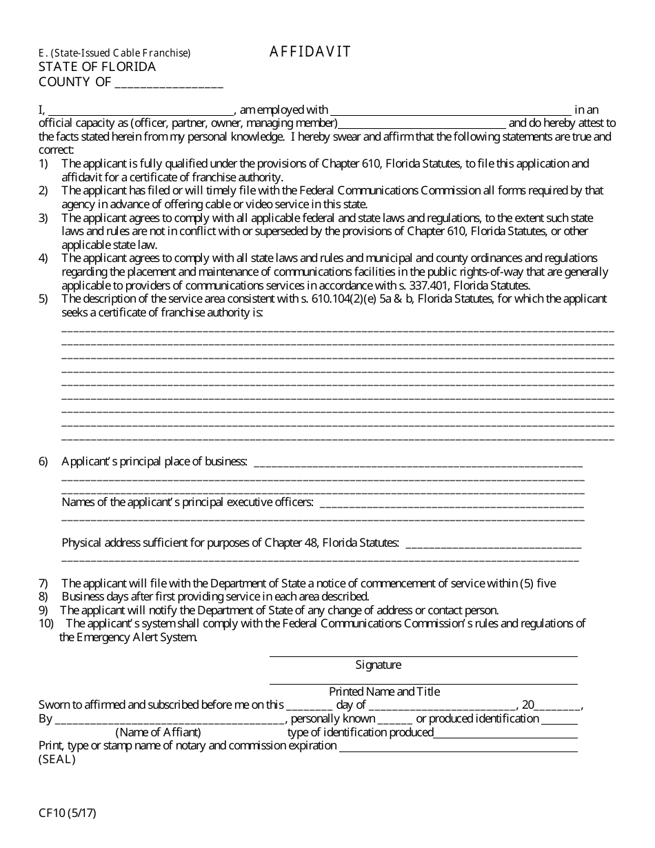 Form CF10 Application for a State-Issued Certificate of Franchise Authority to Provide Cable and / or Video Service - Florida, Page 3