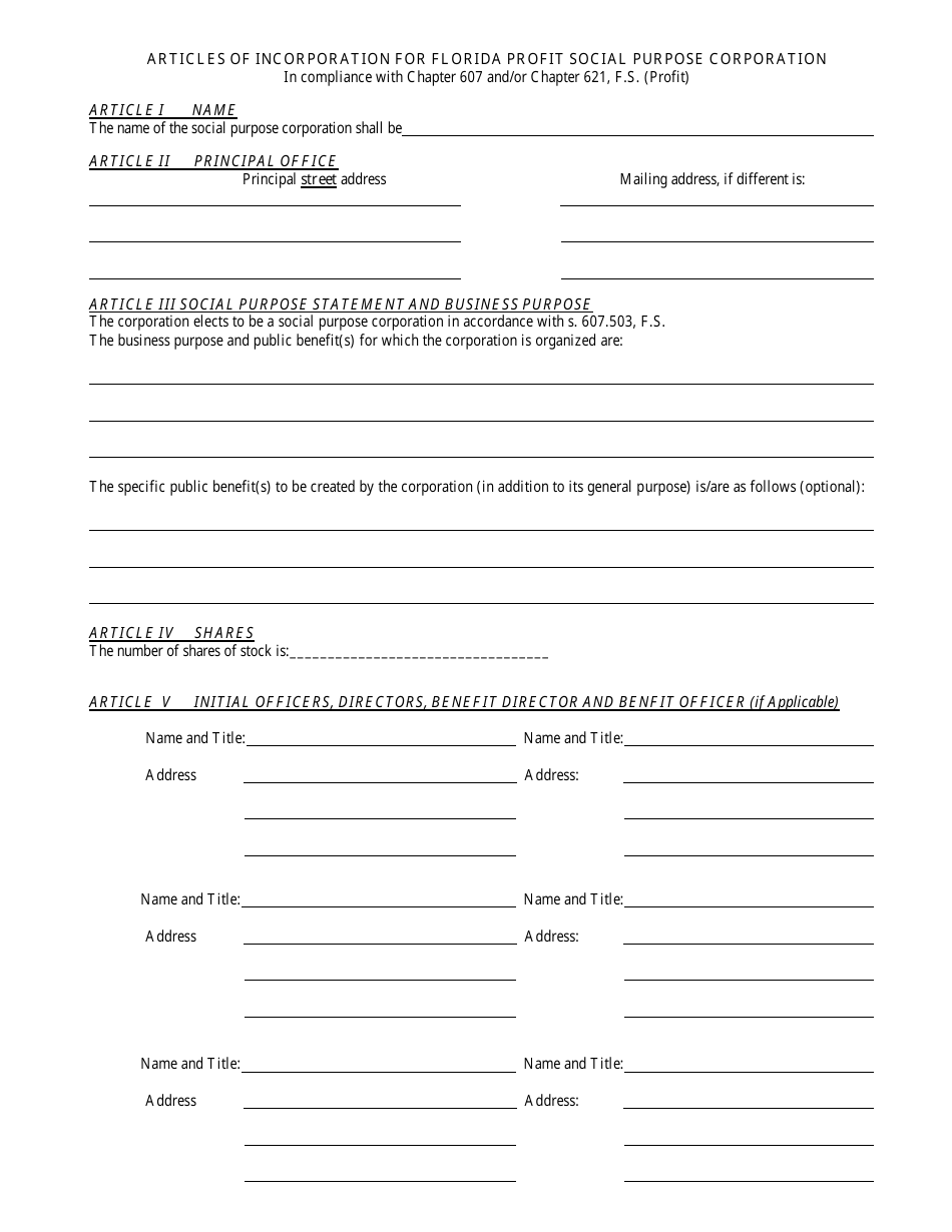 Form INHS76 Articles of Incorporation for Florida Profit Social Purpose Corporation - Florida, Page 4