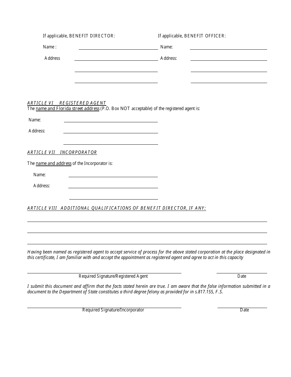 Form INHS76 Articles of Incorporation for Florida Profit Social Purpose Corporation - Florida, Page 5