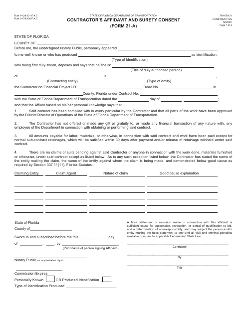 Form 700-050-21 (21-A) Contractor's Affidavit and Surety Consent - Florida