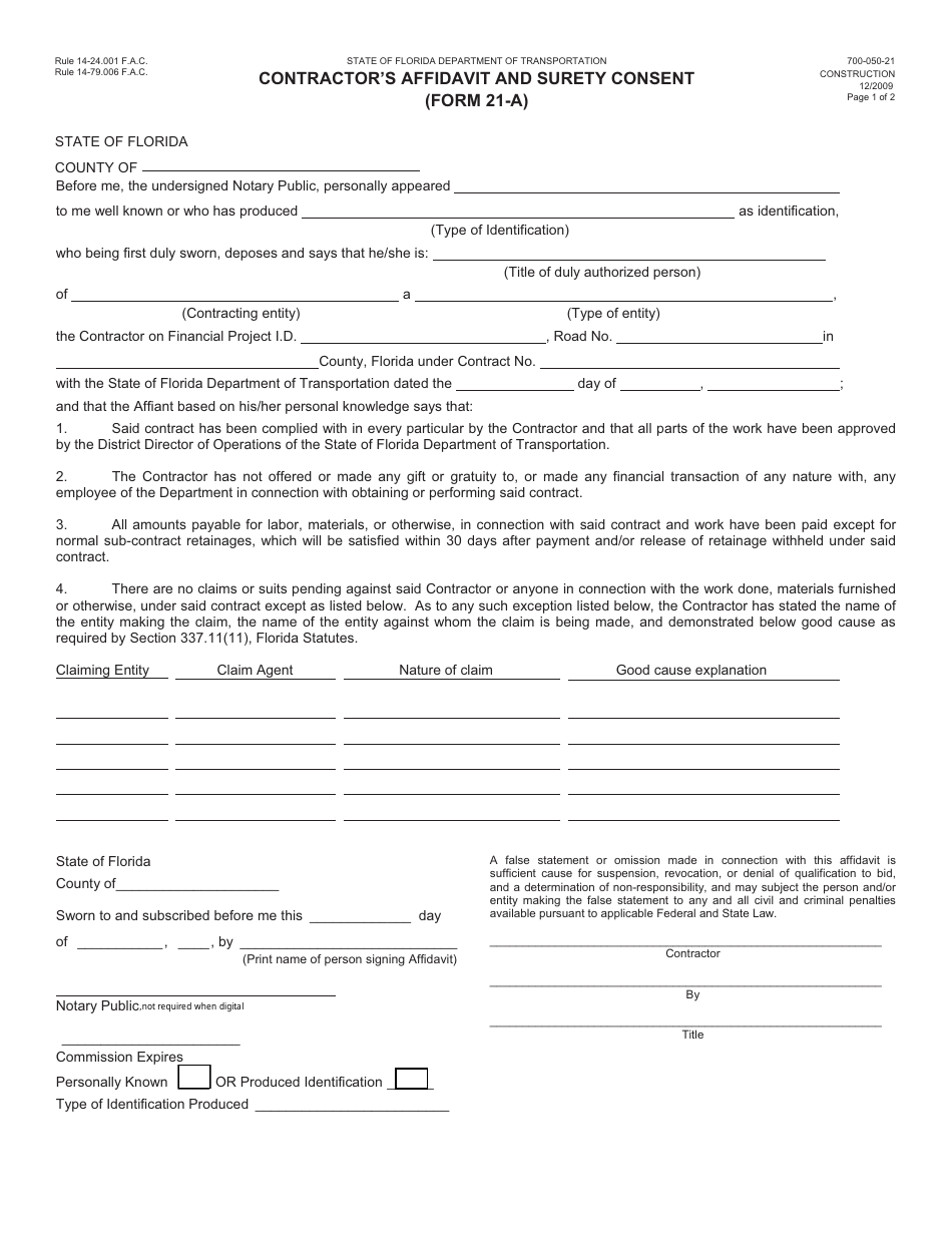 Form 700-050-21 (21-A) Contractors Affidavit and Surety Consent - Florida, Page 1