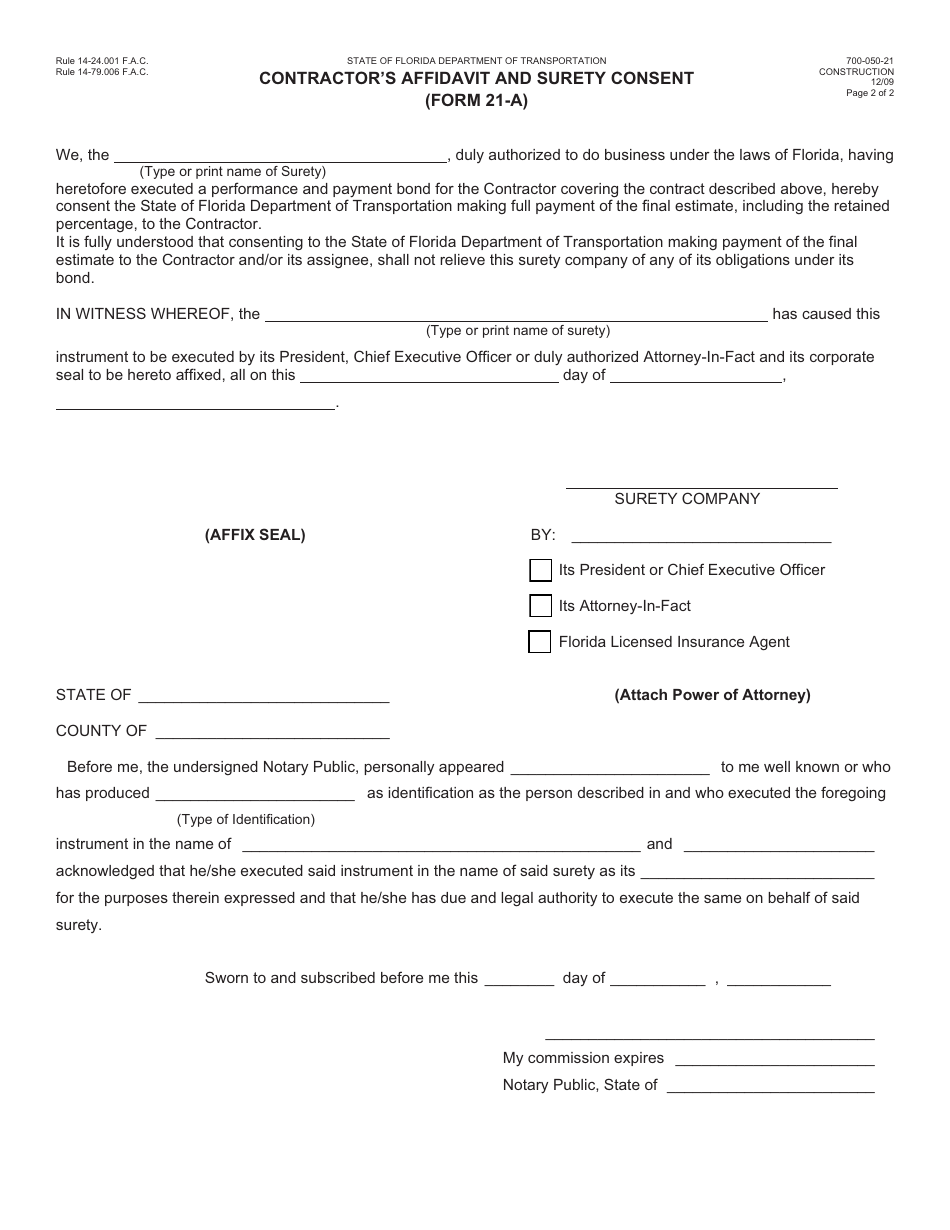 Form 700-050-21 (21-A) Contractors Affidavit and Surety Consent - Florida, Page 2