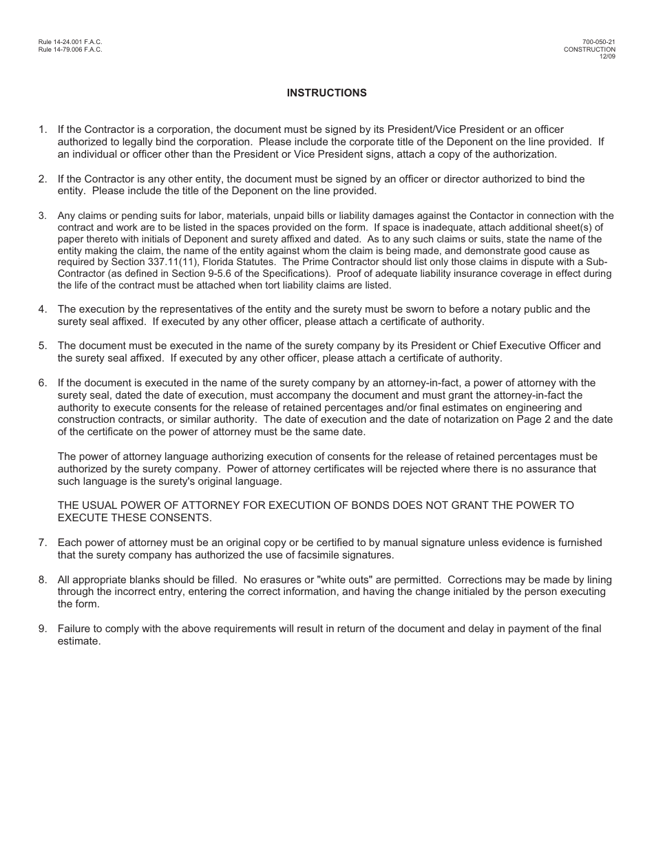 Form 700-050-21 (21-A) Contractors Affidavit and Surety Consent - Florida, Page 3