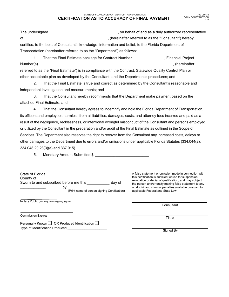Form 700-050-38 Certification as to Accuracy of Final Payment - Florida, Page 1