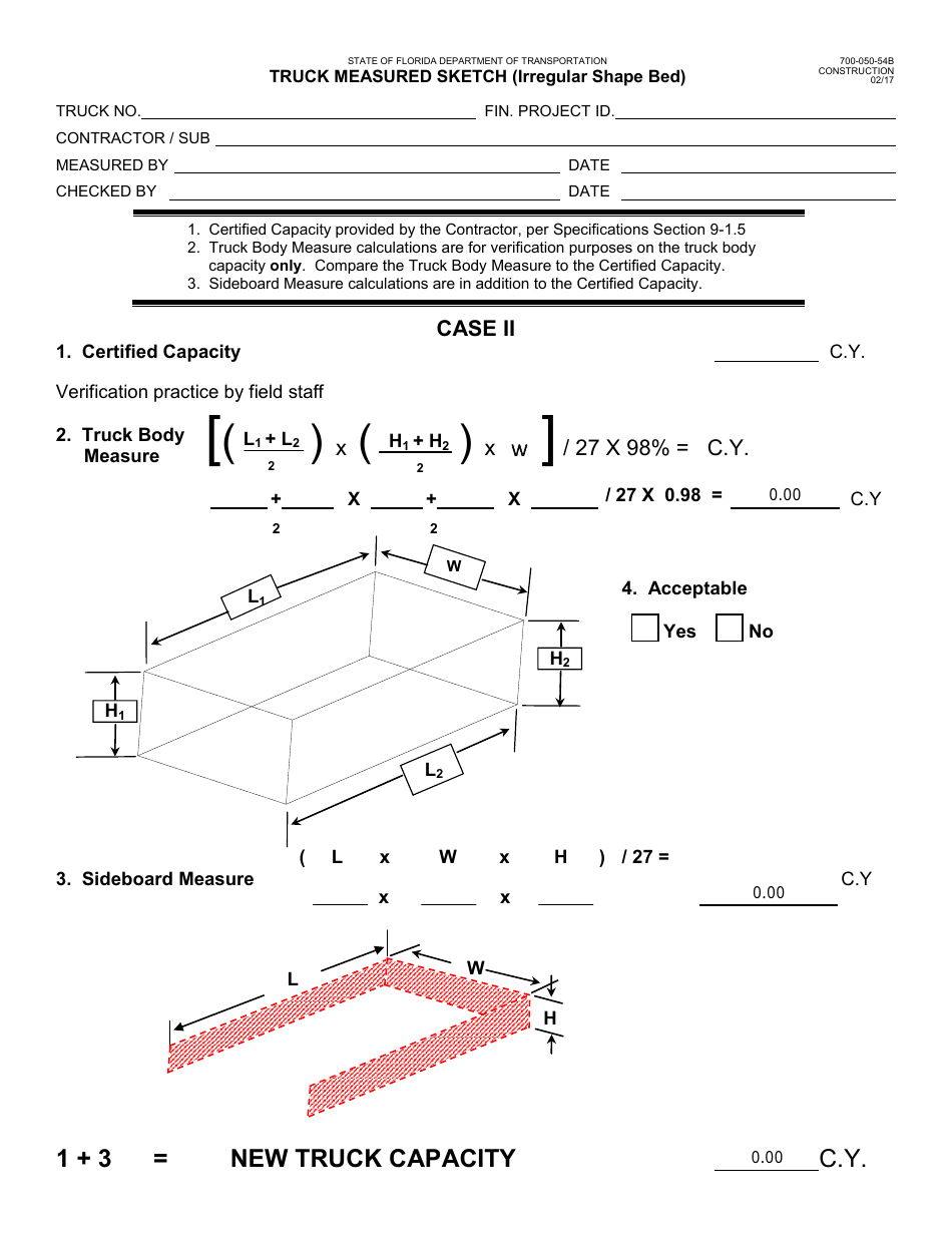 Form 700-050-54B Truck Measured Sketch (Irregular Shape Bed) - Florida, Page 1