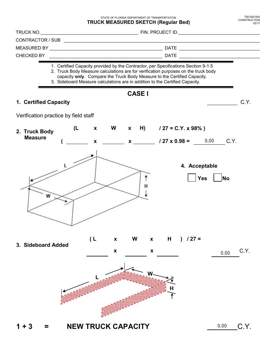 Form 700-050-54A Truck Measured Sketch (Regular Bed) - Florida, Page 1