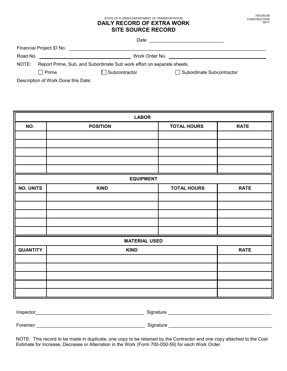 Form 700-050-58 Daily Record of Extra Work Site Source Record - Florida, Page 1