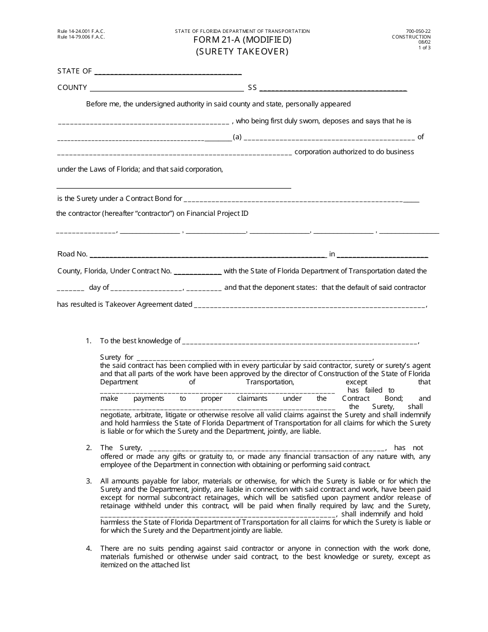 Form 21-A (MODIFIED) (700-050-22) Surety Takeover - Florida, Page 1