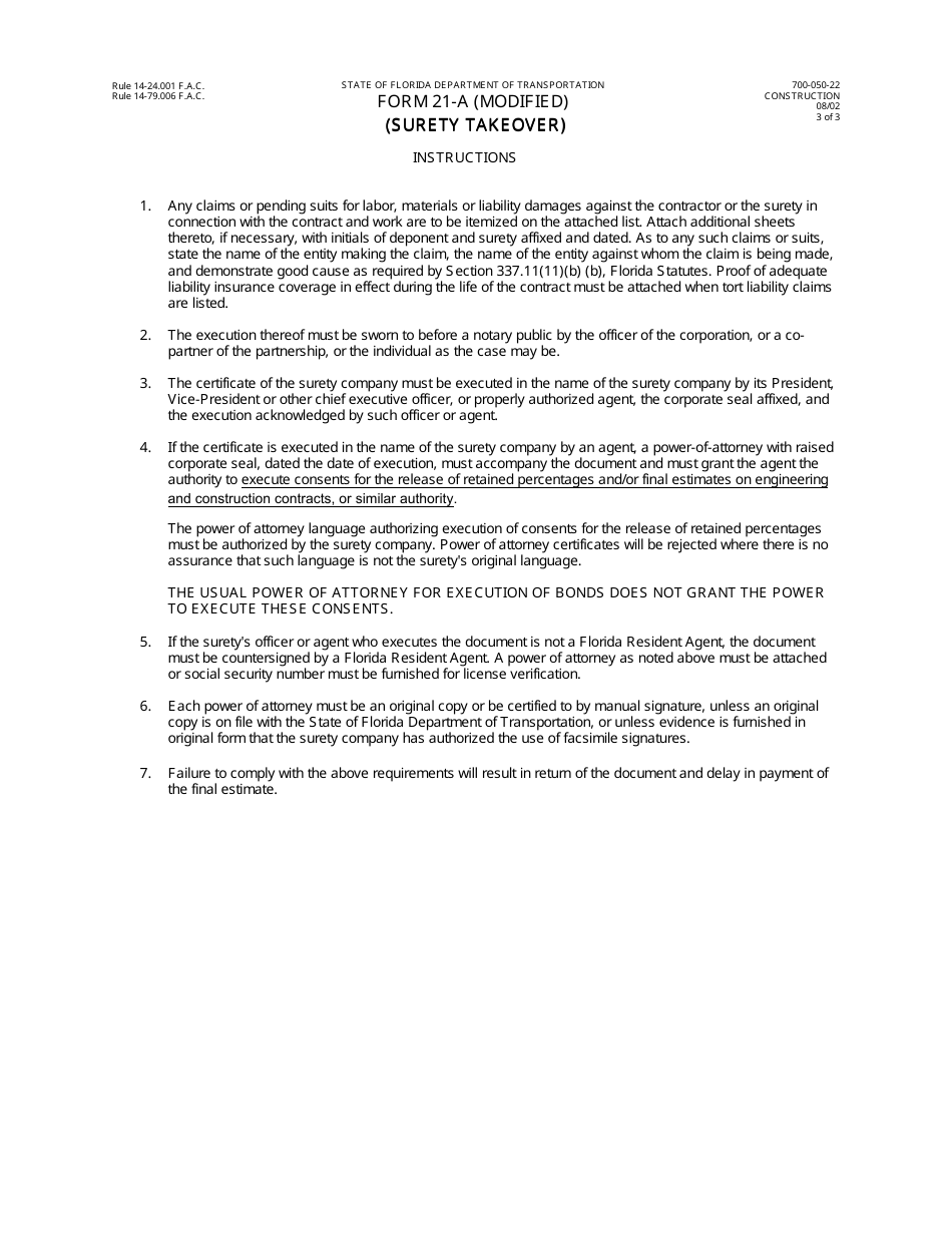 Form 21-A (MODIFIED) (700-050-22) Surety Takeover - Florida, Page 3