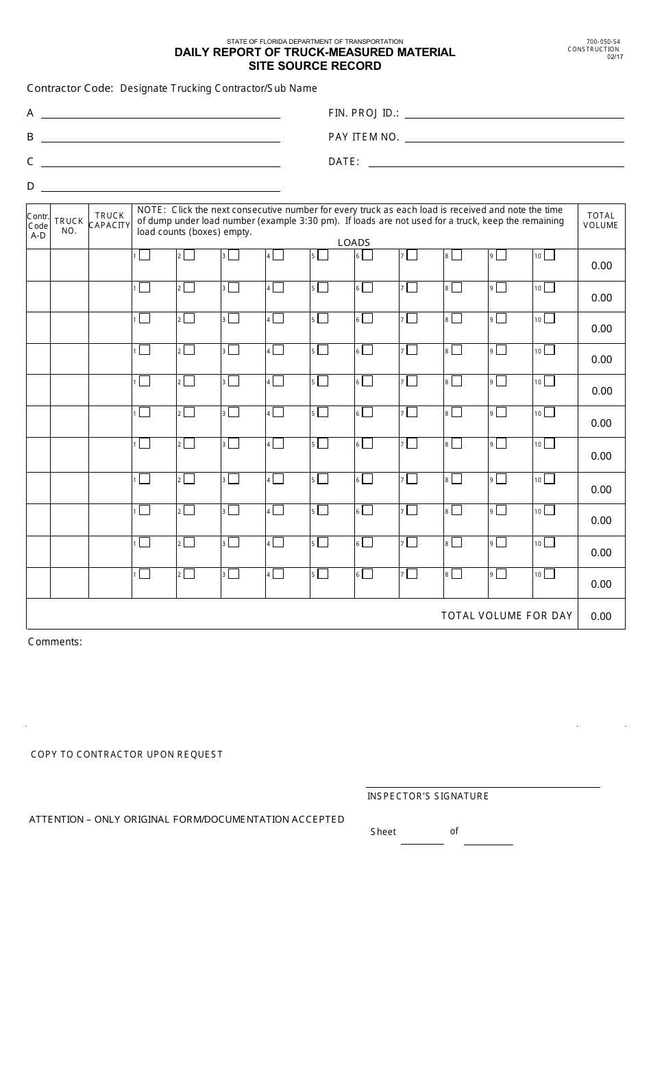 Form 700-050-54 Daily Report of Truck-Measured Material Site Source Record - Florida, Page 1