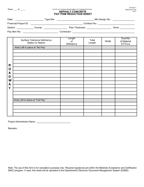 Form 700-050-71 Asphalt Concrete Pay Item Reduction Sheet - Florida