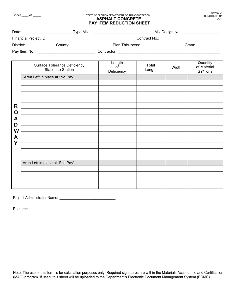 Form 700-050-71 Asphalt Concrete Pay Item Reduction Sheet - Florida, Page 1