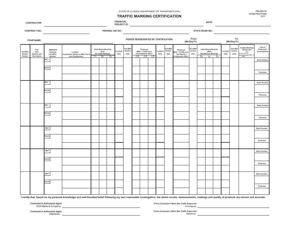 Form 700-050-70 Traffic Marking Certification - Florida, Page 1