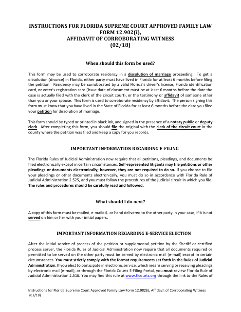 Form 12.902(I) Affidavit of Corroborating Witness - Florida
