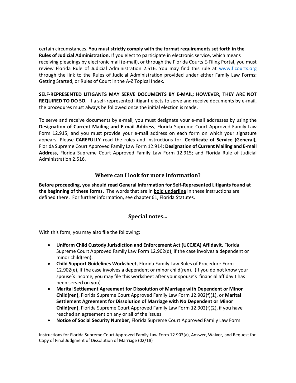 Form 12.903(A) Answer, Waiver, and Request for Copy of Final Judgment of Dissolution of Marriage - Florida, Page 2