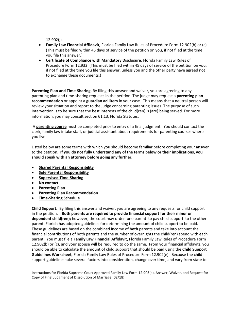 Form 12.903(A) Answer, Waiver, and Request for Copy of Final Judgment of Dissolution of Marriage - Florida, Page 3