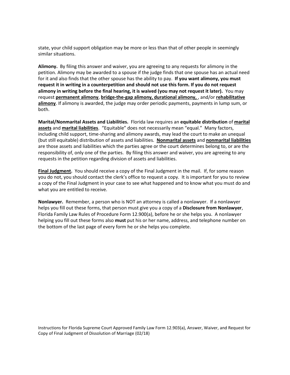 Form 12.903(A) Answer, Waiver, and Request for Copy of Final Judgment of Dissolution of Marriage - Florida, Page 4