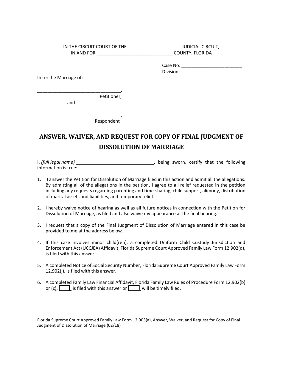 Form 12.903(A) Answer, Waiver, and Request for Copy of Final Judgment of Dissolution of Marriage - Florida, Page 5