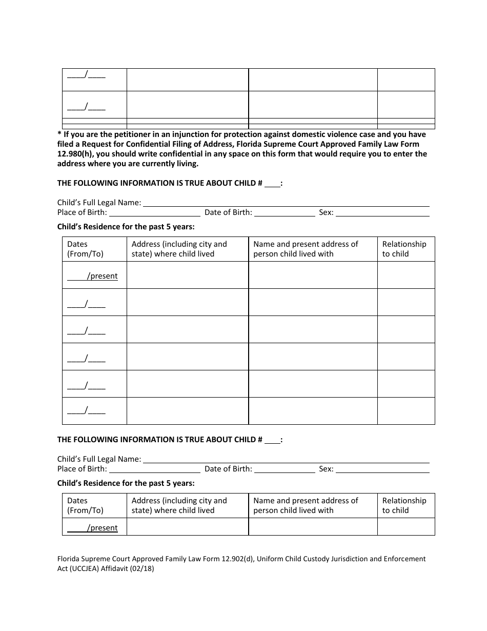 Form 12.902(D) Uniform Child Custody Jurisdiction and Enforcement Act (Uccjea) Affidavit - Florida, Page 4
