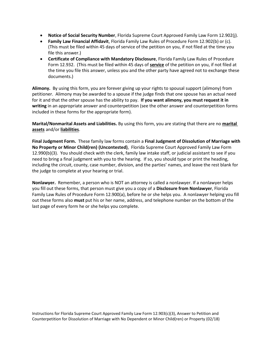 Form 12.903(C)(3) Answer to Petition and Counterpetition for Dissolution of Marriage With No Dependent or Minor Child(Ren) or Property - Florida, Page 3