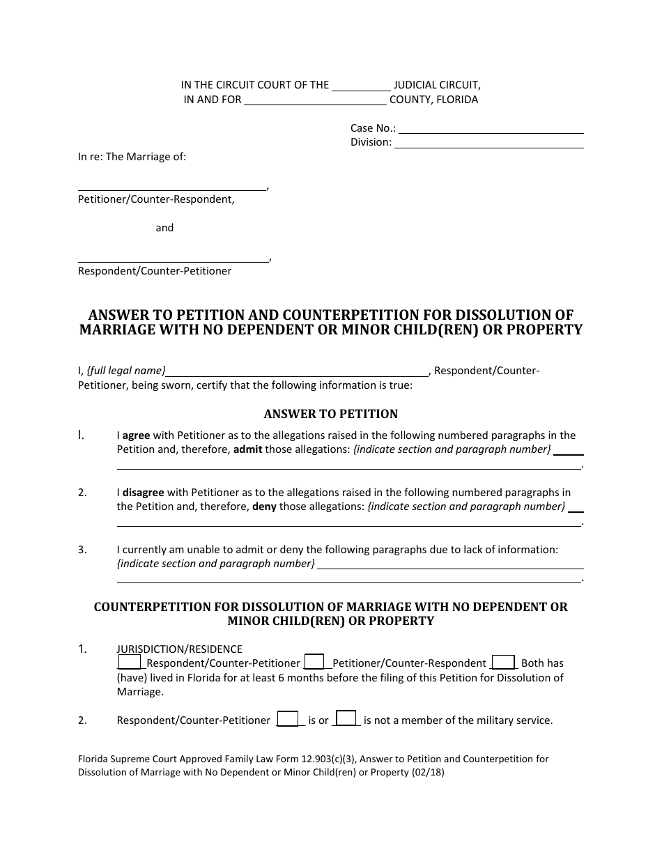 Form 12.903(C)(3) Answer to Petition and Counterpetition for Dissolution of Marriage With No Dependent or Minor Child(Ren) or Property - Florida, Page 4
