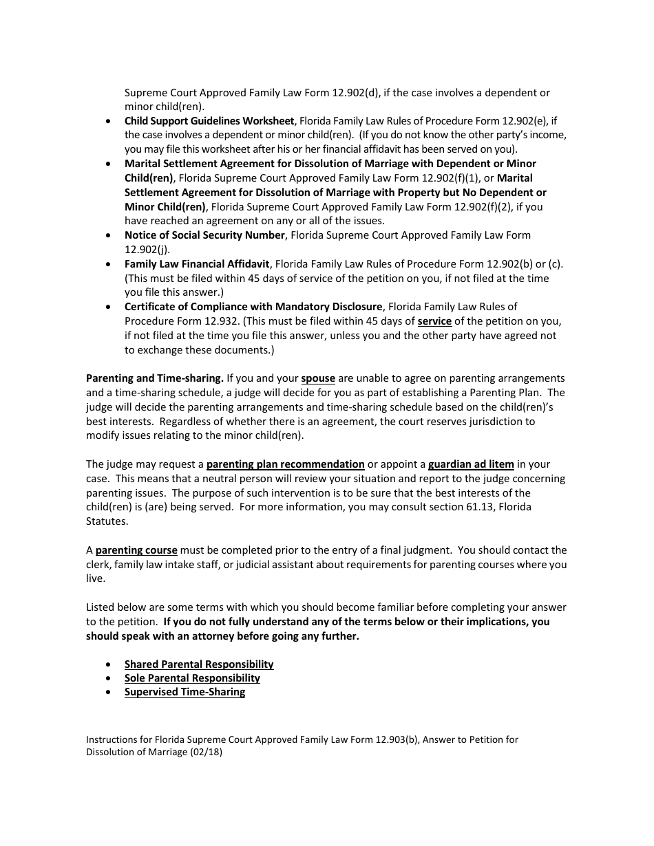 Form 12.903(B) Answer to Petition for Dissolution of Marriage - Florida, Page 3