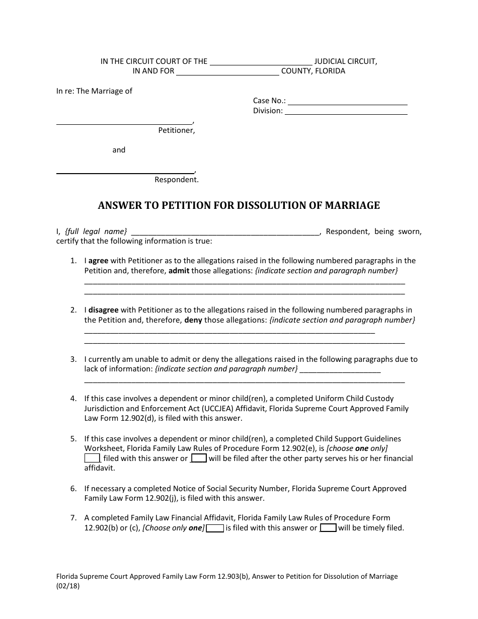 Form 12.903(B) Answer to Petition for Dissolution of Marriage - Florida, Page 6
