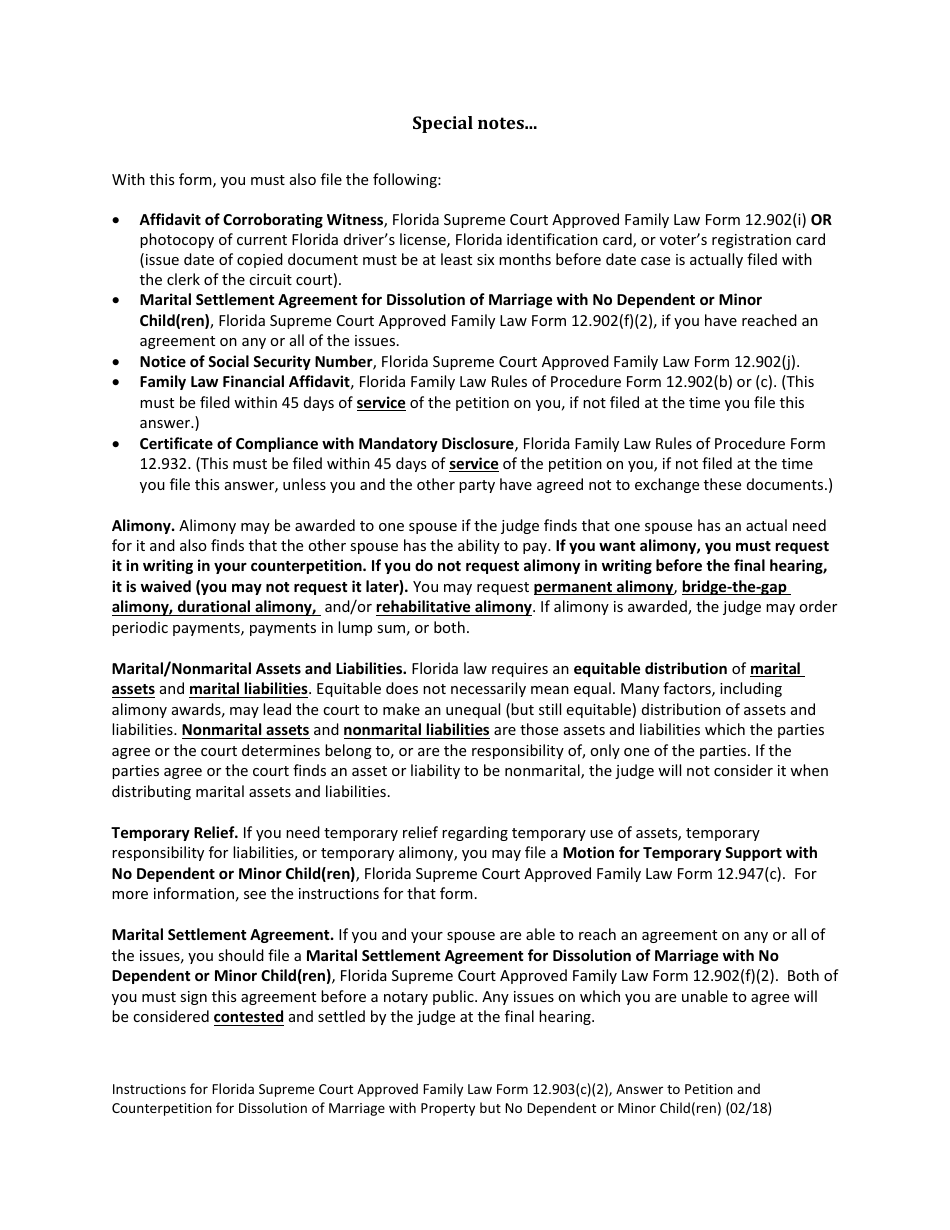 Form 12.903(C)(2) Answer to Petition and Counterpetition for Dissolution of Marriage With Property but No Dependent or Minor Child(Ren) - Florida, Page 3