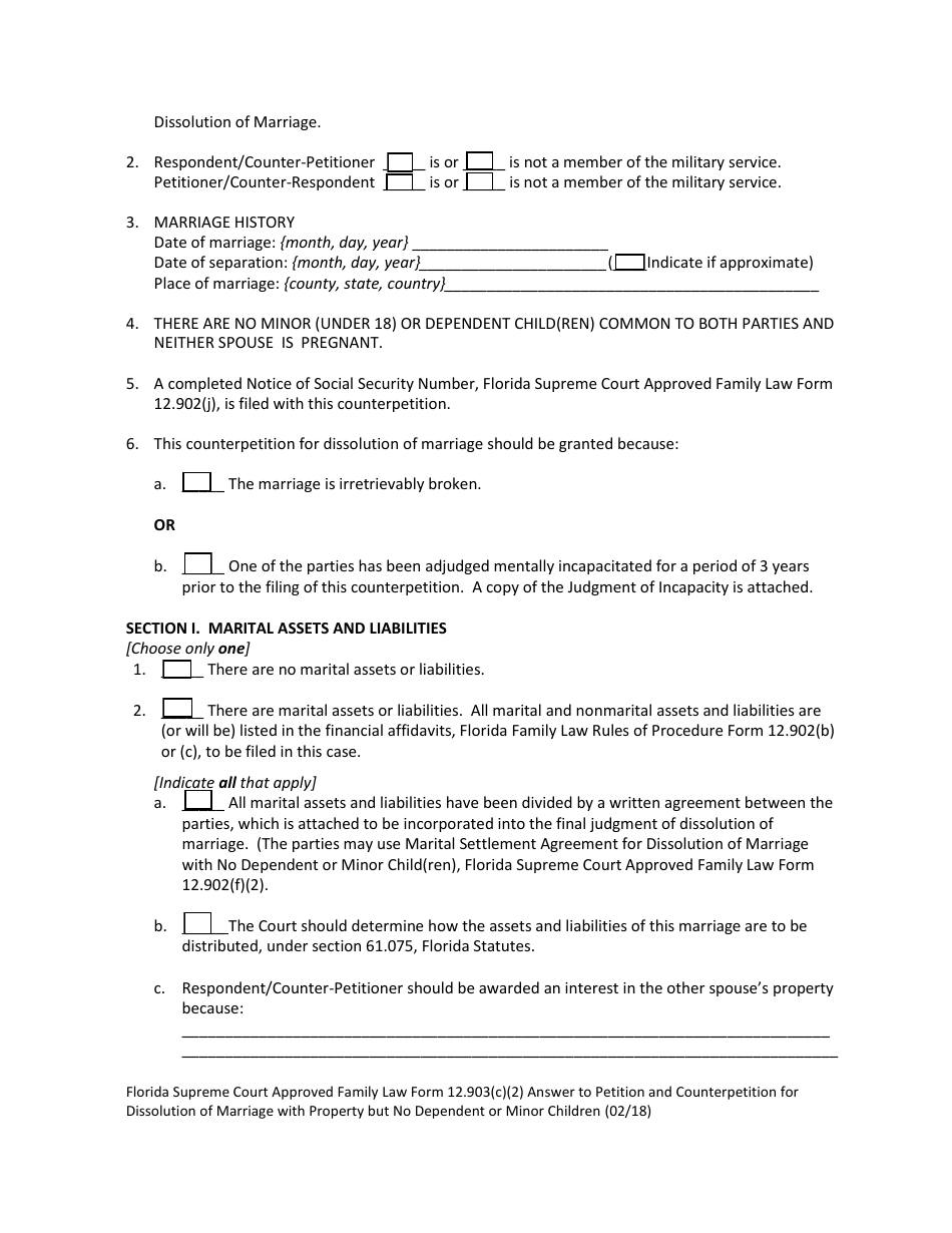 Form 12.903(C)(2) Answer to Petition and Counterpetition for Dissolution of Marriage With Property but No Dependent or Minor Child(Ren) - Florida, Page 6