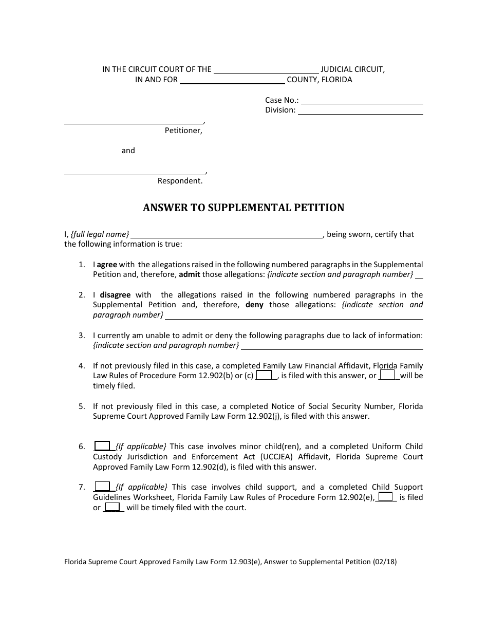 Form 12.903(E) Answer to Supplemental Petition - Florida, Page 6