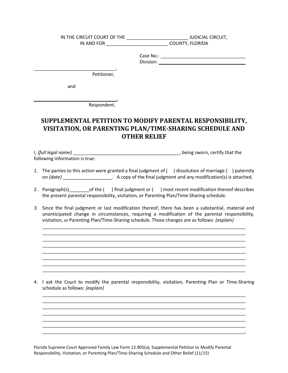 Form 12.905(A) Supplemental Petition to Modify Parental Responsibility, Visitation or Parenting Plan / Time-Sharing Schedule and Other Relief - Florida, Page 6
