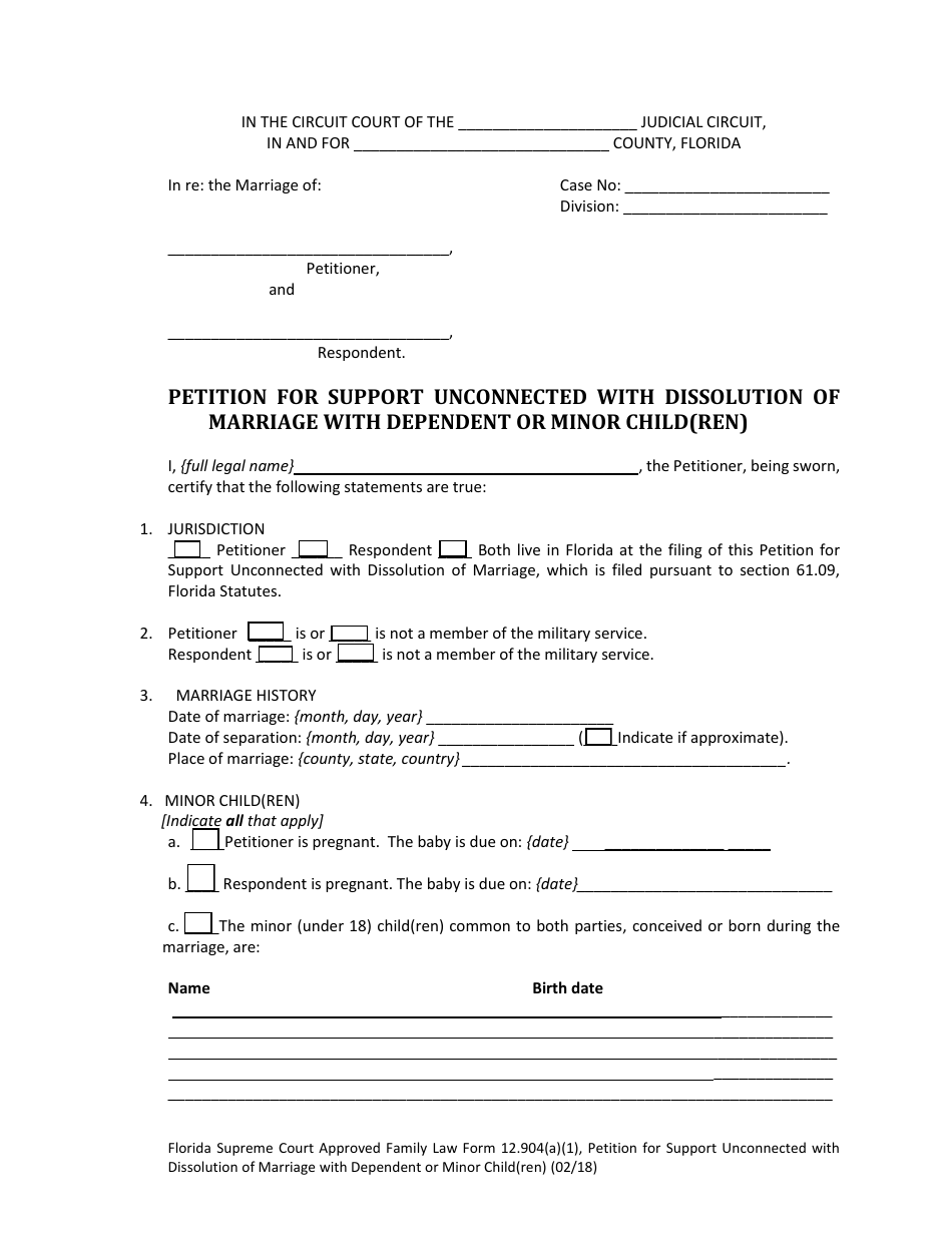 Form 12.904(A)(1) Petition for Support Unconnected With Dissolution of Marriage With Dependent or Minor Child(Ren) - Florida, Page 5