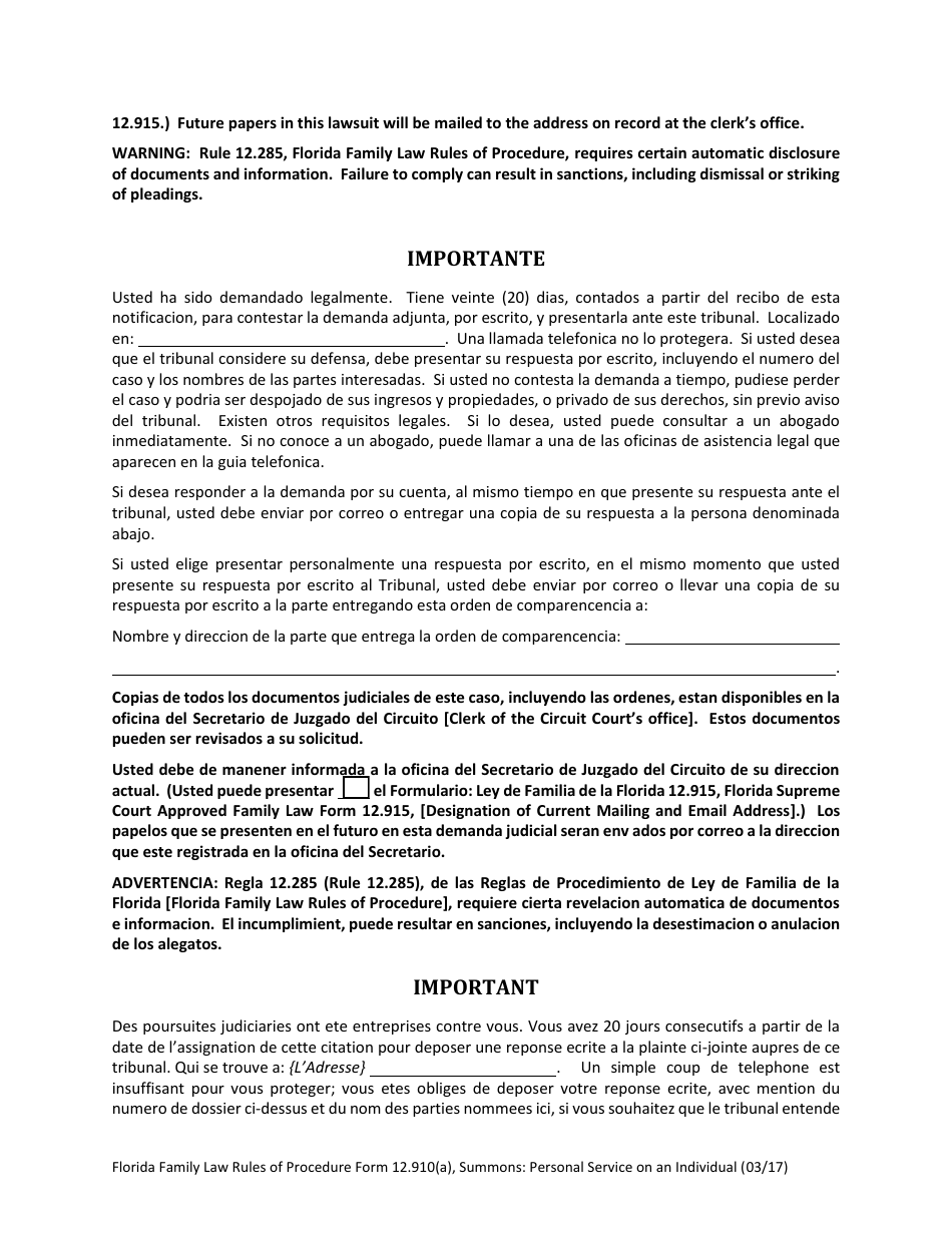 Family Law Form 12.910(A) Summons: Personal Service on an Individual - Florida, Page 6