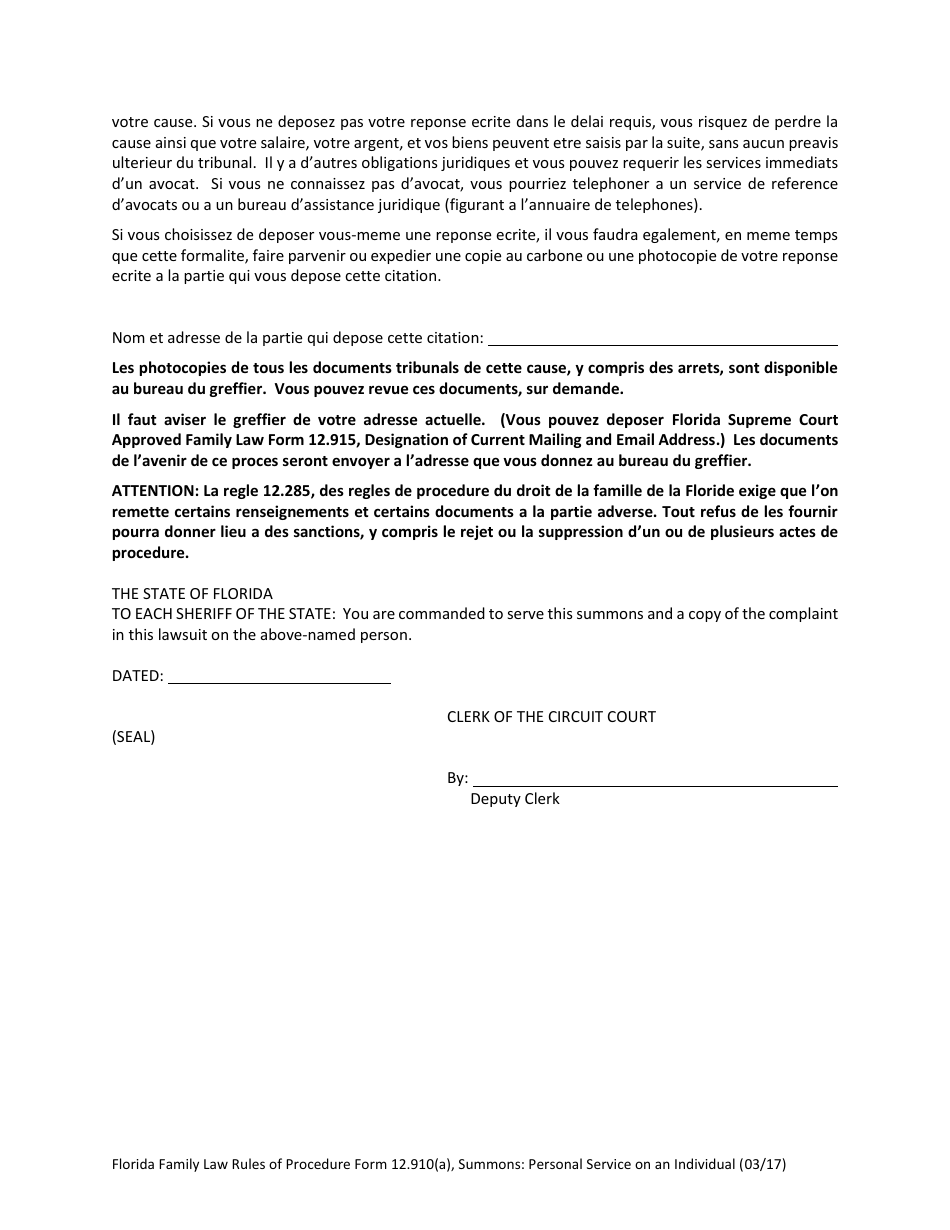 Family Law Form 12.910(A) Summons: Personal Service on an Individual - Florida, Page 7