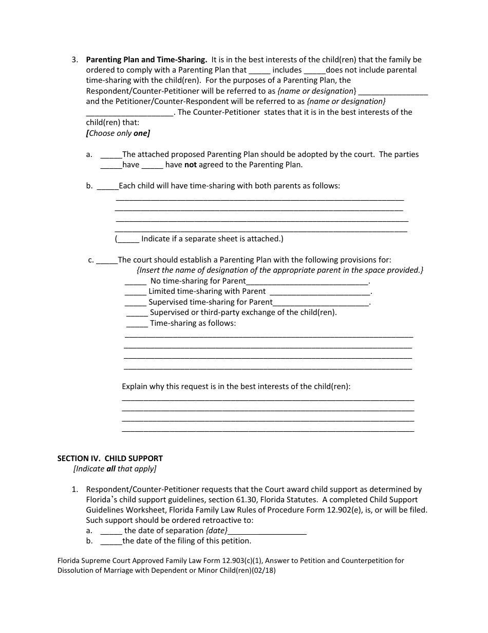 Form 12.903(C)(1) Answer to Petition and Counterpetition for Dissolution of Marriage With Dependent or Minor Child(Ren) - Florida, Page 10