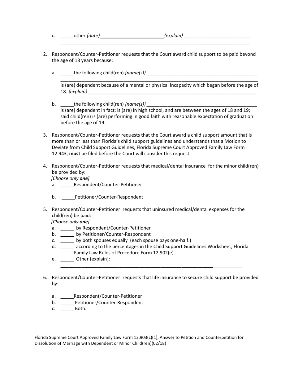 Form 12.903(C)(1) Answer to Petition and Counterpetition for Dissolution of Marriage With Dependent or Minor Child(Ren) - Florida, Page 11